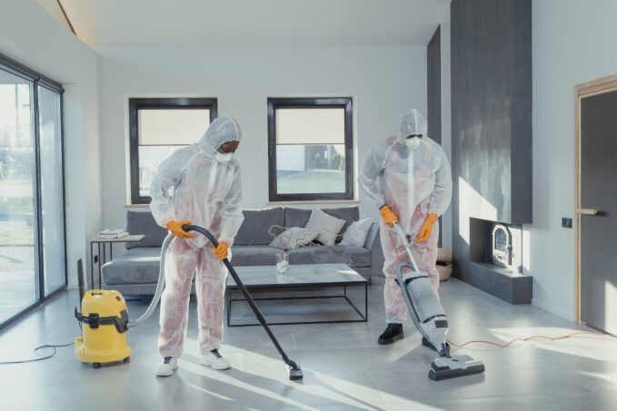 Dwoje pracowników firmy sprzątającej ubranych w specjalne kombinezony sprzątający mieszkanie